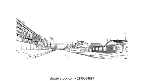 Building view with landmark of Ocean Grove is the 
town in Australia. Hand drawn sketch illustration in vector.