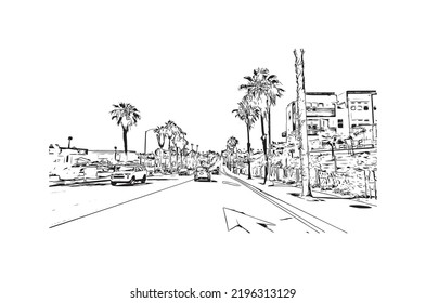 Building view with landmark of Oceanside is a coastal city in California. Hand drawn sketch illustration in vector.