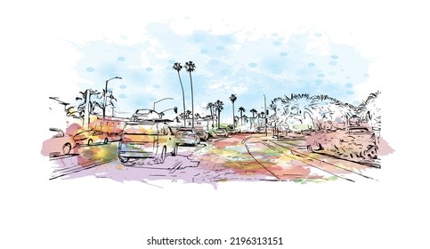 Construir vistas con un punto de referencia de Oceanside es una ciudad costera en California. Salto de color de agua con ilustración de esbozo dibujada a mano en vector.