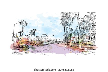 Building view with landmark of Oceanside is a coastal city in California. Watercolor splash with hand drawn sketch illustration in vector.
