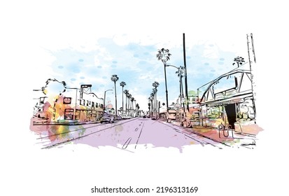 Building view with landmark of Oceanside is a coastal city in California. Watercolor splash with hand drawn sketch illustration in vector.