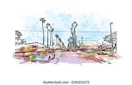 Building view with landmark of Oceanside is a coastal city in California. Watercolor splash with hand drawn sketch illustration in vector.