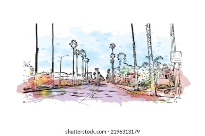 Building view with landmark of Oceanside is a coastal city in California. Watercolor splash with hand drawn sketch illustration in vector.