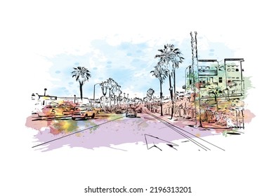 Building view with landmark of Oceanside is a coastal city in California. Watercolor splash with hand drawn sketch illustration in vector.
