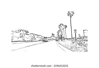 Building view with landmark of Oceanside is a coastal city in California. Hand drawn sketch illustration in vector.