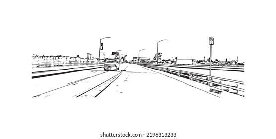 Building view with landmark of Oceanside is a coastal city in California. Hand drawn sketch illustration in vector.