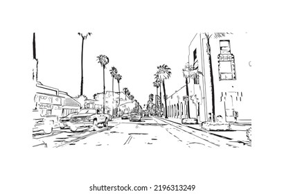 Building View With Landmark Of Oceanside Is A Coastal City In California. Hand Drawn Sketch Illustration In Vector.