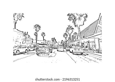 Building View With Landmark Of Oceanside Is A Coastal City In California. Hand Drawn Sketch Illustration In Vector.