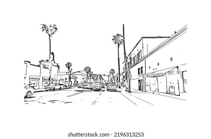 Building View With Landmark Of Oceanside Is A Coastal City In California. Hand Drawn Sketch Illustration In Vector.