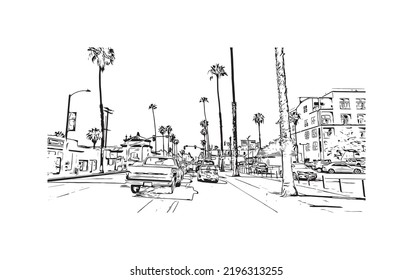 Building View With Landmark Of Oceanside Is A Coastal City In California. Hand Drawn Sketch Illustration In Vector.