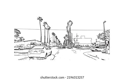 Building View With Landmark Of Oceanside Is A Coastal City In California. Hand Drawn Sketch Illustration In Vector.