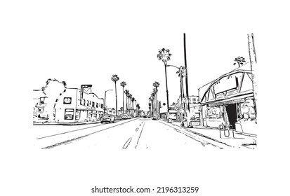 Building View With Landmark Of Oceanside Is A Coastal City In California. Hand Drawn Sketch Illustration In Vector.