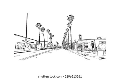 Building View With Landmark Of Oceanside Is A Coastal City In California. Hand Drawn Sketch Illustration In Vector.