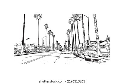 Building View With Landmark Of Oceanside Is A Coastal City In California. Hand Drawn Sketch Illustration In Vector.