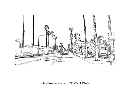 Building View With Landmark Of Oceanside Is A Coastal City In California. Hand Drawn Sketch Illustration In Vector.