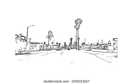 Building View With Landmark Of Oceanside Is A Coastal City In California. Hand Drawn Sketch Illustration In Vector.