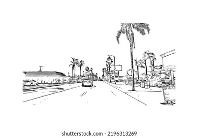 Building View With Landmark Of Oceanside Is A Coastal City In California. Hand Drawn Sketch Illustration In Vector.