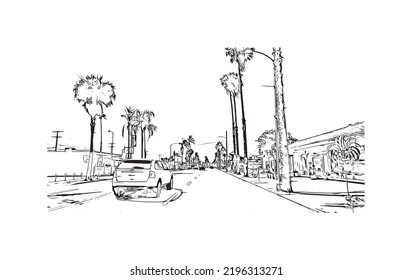 Building View With Landmark Of Oceanside Is A Coastal City In California. Hand Drawn Sketch Illustration In Vector.