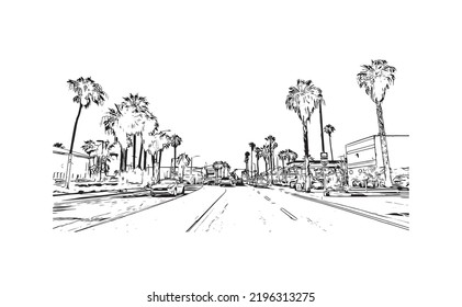 Building View With Landmark Of Oceanside Is A Coastal City In California. Hand Drawn Sketch Illustration In Vector.