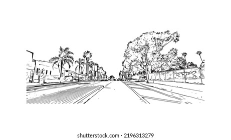 Building view with landmark of Oceanside is a coastal city in California. Hand drawn sketch illustration in vector.