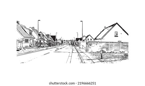 Building view with landmark of Odense is the third largest city in Denmark. Hand drawn sketch illustration in vector.