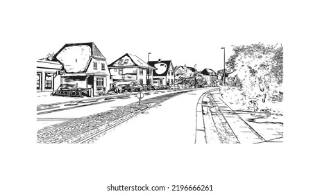 Construir vistas con monumentos de Odense es la tercera ciudad más grande de Dinamarca. Dibujo a mano de ilustración de esbozo en vector.