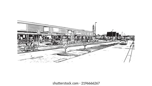 Building view with landmark of Odense is the third largest city in Denmark. Hand drawn sketch illustration in vector.