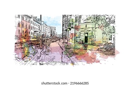 Building view with landmark of Odense is the third largest city in Denmark. Watercolor splash with hand drawn sketch illustration in vector.