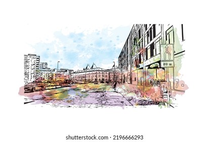 Building view with landmark of Odense is the third largest city in Denmark. Watercolor splash with hand drawn sketch illustration in vector.