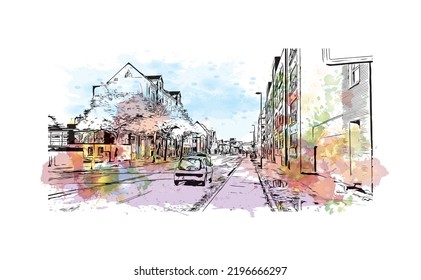 Building view with landmark of Odense is the third largest city in Denmark. Watercolor splash with hand drawn sketch illustration in vector.