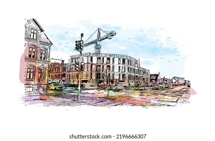 Building view with landmark of Odense is the third largest city in Denmark. Watercolor splash with hand drawn sketch illustration in vector.