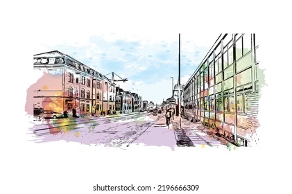 Building view with landmark of Odense is the third largest city in Denmark. Watercolor splash with hand drawn sketch illustration in vector.