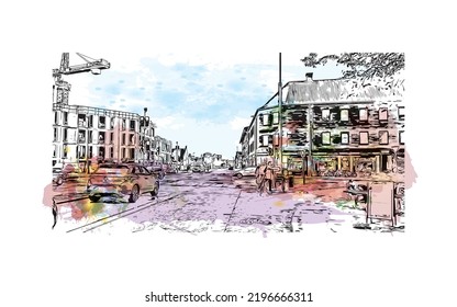 Building view with landmark of Odense is the third largest city in Denmark. Watercolor splash with hand drawn sketch illustration in vector.