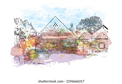 Building view with landmark of Odense is the third largest city in Denmark. Watercolor splash with hand drawn sketch illustration in vector.