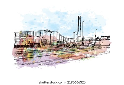 Building view with landmark of Odense is the third largest city in Denmark. Watercolor splash with hand drawn sketch illustration in vector.