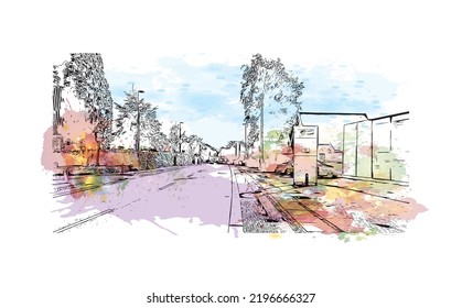 Building view with landmark of Odense is the third largest city in Denmark. Watercolor splash with hand drawn sketch illustration in vector.