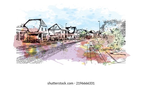 Building view with landmark of Odense is the third largest city in Denmark. Watercolor splash with hand drawn sketch illustration in vector.