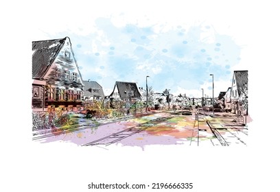 Building view with landmark of Odense is the third largest city in Denmark. Watercolor splash with hand drawn sketch illustration in vector.