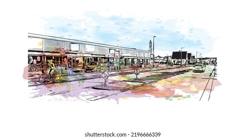 Building view with landmark of Odense is the third largest city in Denmark. Watercolor splash with hand drawn sketch illustration in vector.