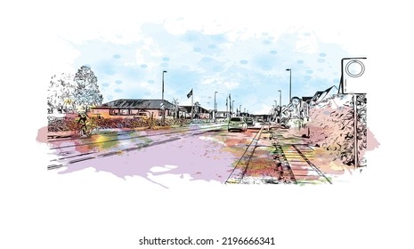 Building view with landmark of Odense is the third largest city in Denmark. Watercolor splash with hand drawn sketch illustration in vector.