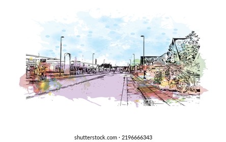 Building view with landmark of Odense is the third largest city in Denmark. Watercolor splash with hand drawn sketch illustration in vector.