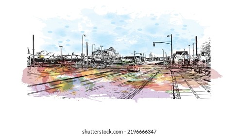 Building view with landmark of Odense is the third largest city in Denmark. Watercolor splash with hand drawn sketch illustration in vector.