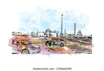 Building view with landmark of Odense is the third largest city in Denmark. Watercolor splash with hand drawn sketch illustration in vector.