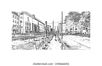 Die Stadt Odense ist die drittgrößte Stadt Dänemarks. Handgezeichnete Skizzengrafik in Vektorgrafik.