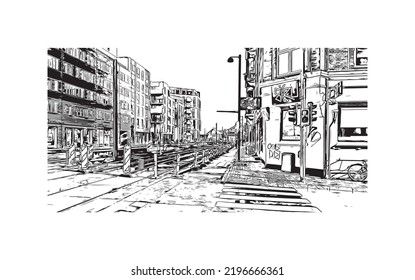 Building view with landmark of Odense is the third largest city in Denmark. Hand drawn sketch illustration in vector.