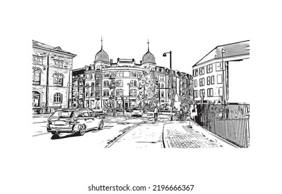 Building view with landmark of Odense is the third largest city in Denmark. Hand drawn sketch illustration in vector.