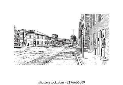 Building view with landmark of Odense is the third largest city in Denmark. Hand drawn sketch illustration in vector.