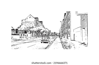 Building view with landmark of Odense is the third largest city in Denmark. Hand drawn sketch illustration in vector.