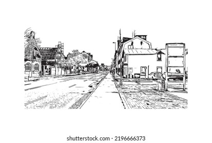 Building view with landmark of Odense is the third largest city in Denmark. Hand drawn sketch illustration in vector.