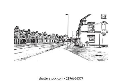 Construir vistas con monumentos de Odense es la tercera ciudad más grande de Dinamarca. Dibujo a mano de ilustración de esbozo en vector.
